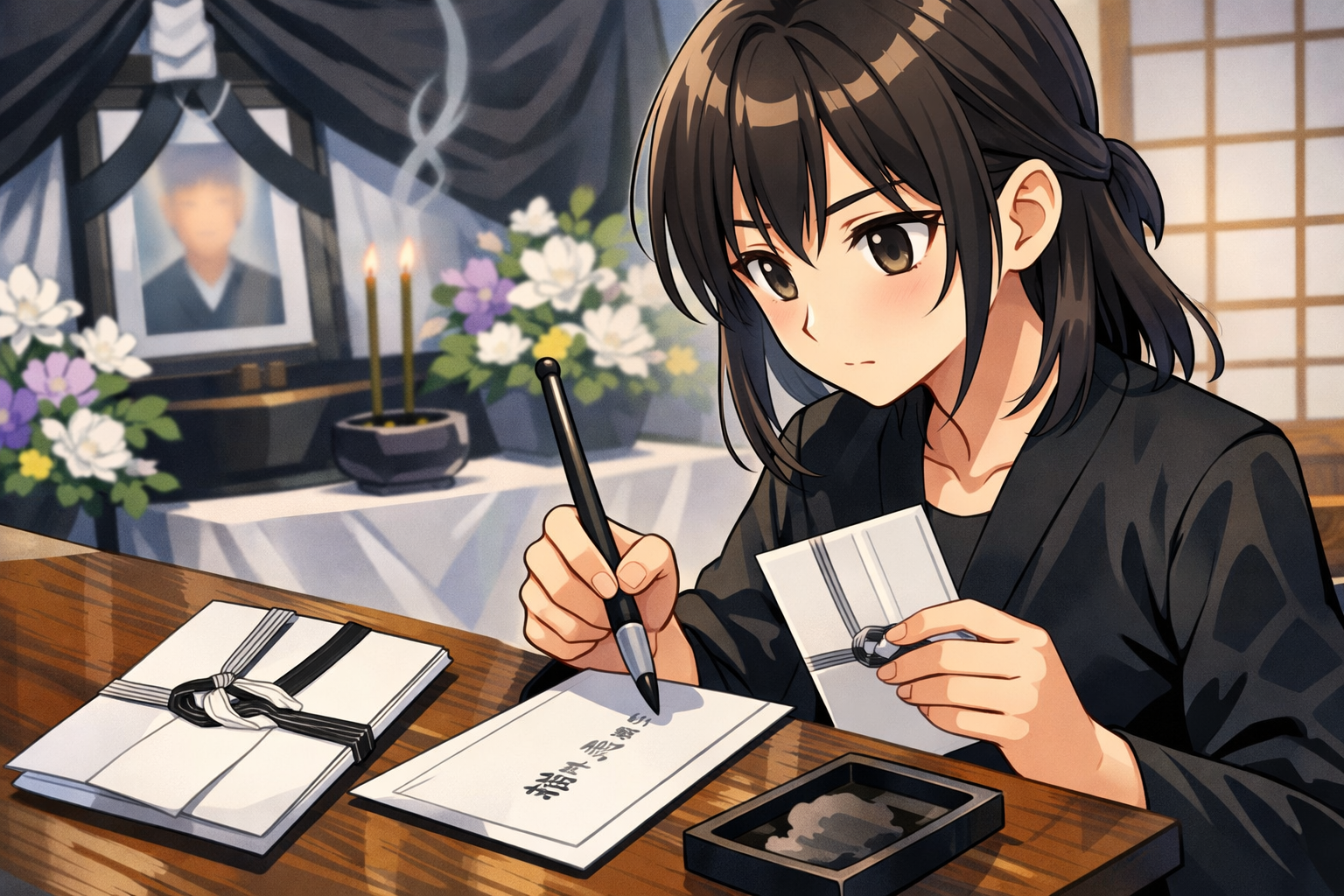 香典の書き方は「外袋＋中袋」を薄墨で手書きが基本だよ